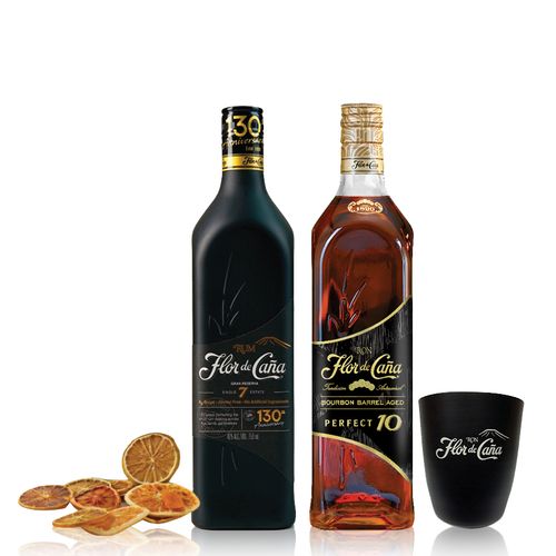Ron Flor de Caña 7 Black Flor de Caña Bourbon mas 4 Vasos con Estuche