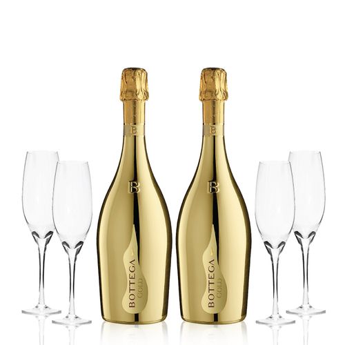 Prosecco Bottega Gold x 2 mas 4 Copas con Estuche