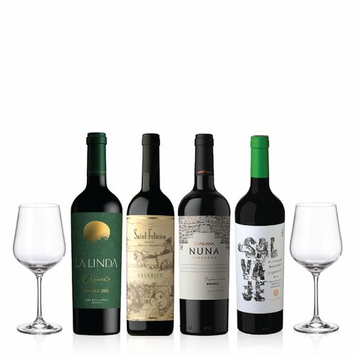 Vinos Tintos Set Malbec Organicos Seleccion x 4 + 2 Copas c/ Estuche
