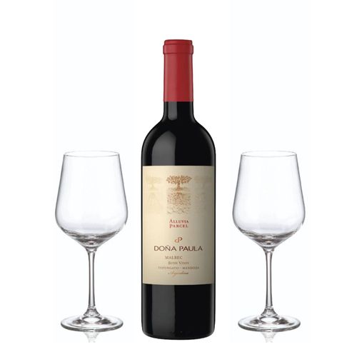Set Doña Paula Parcell Selection Malbec Alluvia 750 ml mas 2 Copas con Estuche